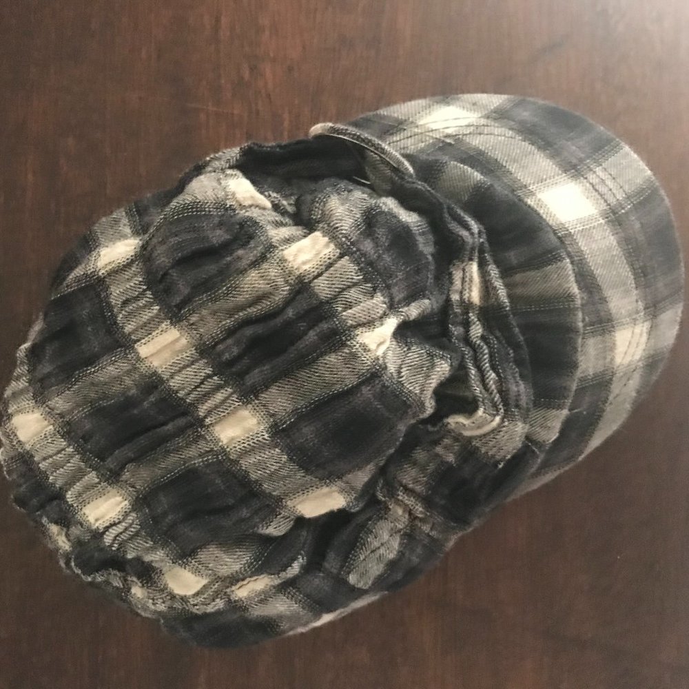 Plaid Cap with Bill. Cool tone grey and white plaid.